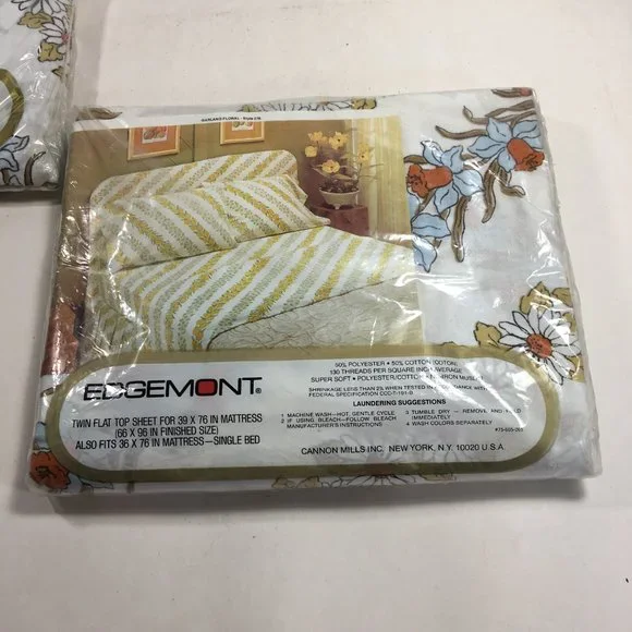 Vintage Edgemont Blue Brown Floral Twin Flat Fitted Sheet Set No Iron Muslin - Picture 6 of 6